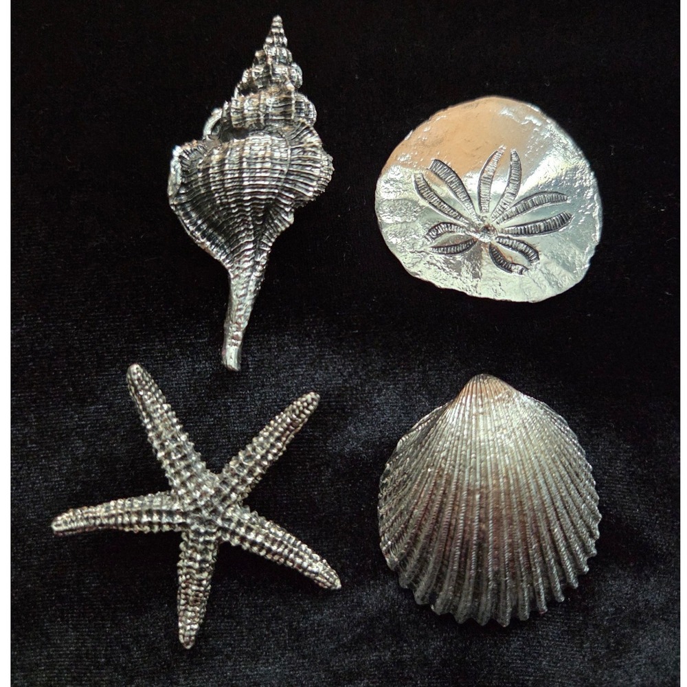 Silver Tone Sea Shell Starfish Sand Dollar Bulletin Board Push Pins Set of 4